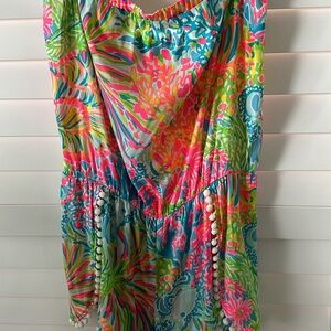 Lilly Pulitzer daisy strapless romper in sea spray blue lovers with Pom Pom Trim